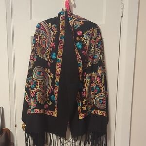 Black Embroidered Paisley Fringe Shawl